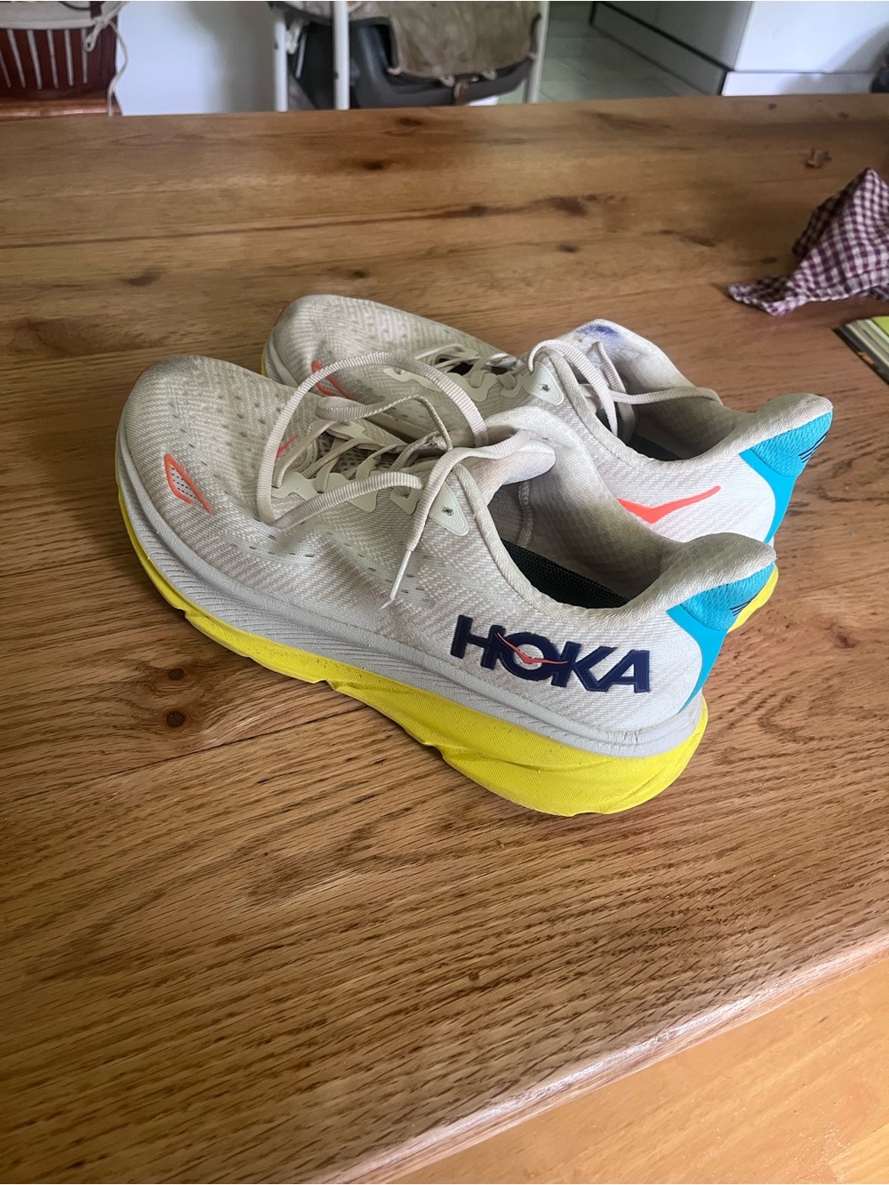 Hoka Mens Neutral Running Sneakers with Yellow Midsole & Blue Heel
